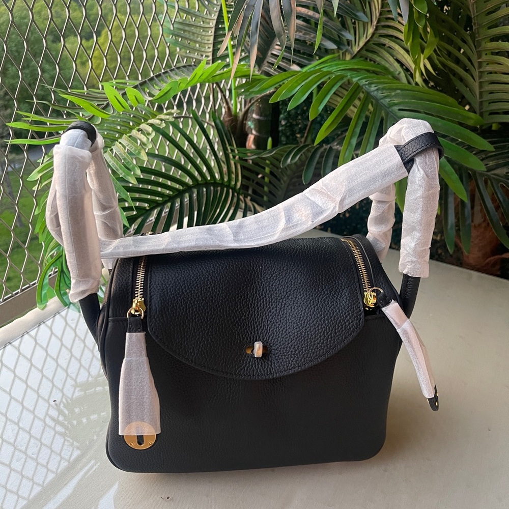 Leather Crossbody Shoulder Top Handle Bag - Black